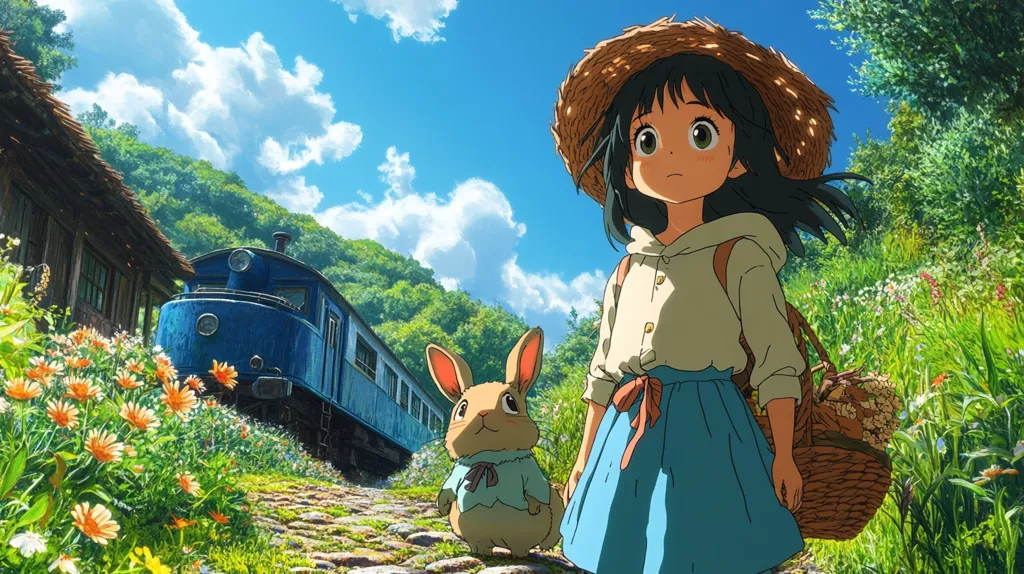 The image depicts a young girl with long black hair wearing a straw hat and a blue dress. She is walking down a path lined with wildflowers and a train track, a blue train has just passed by. A small rabbit with brown fur is walking beside her. The background is a lush green forest under a bright blue sky with white clouds. The scene is idyllic and evokes a sense of peace and tranquility.