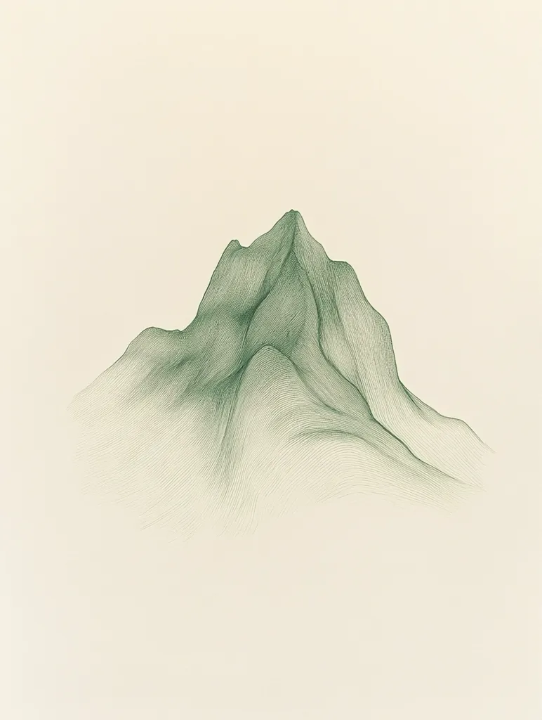 The image is a line drawing of a mountain. The lines are delicate and create a sense of depth and texture. The mountain is drawn in shades of green, which gives it a natural and organic feel. The background is a light beige color, which contrasts with the green of the mountain and emphasizes its form. The image is simple yet elegant, and it evokes a feeling of peace and tranquility.