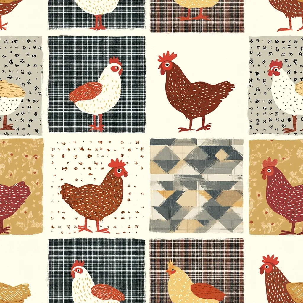 The image is a patchwork pattern of various colored squares with different patterns. Each square features a cute cartoon chicken with a red comb, except for the central square, which shows a pattern of geometric shapes. The chickens have different colored plumage, including white, brown, and a combination of red and brown. The overall effect is whimsical and cheerful, with a focus on the diverse patterns and the charming chickens.