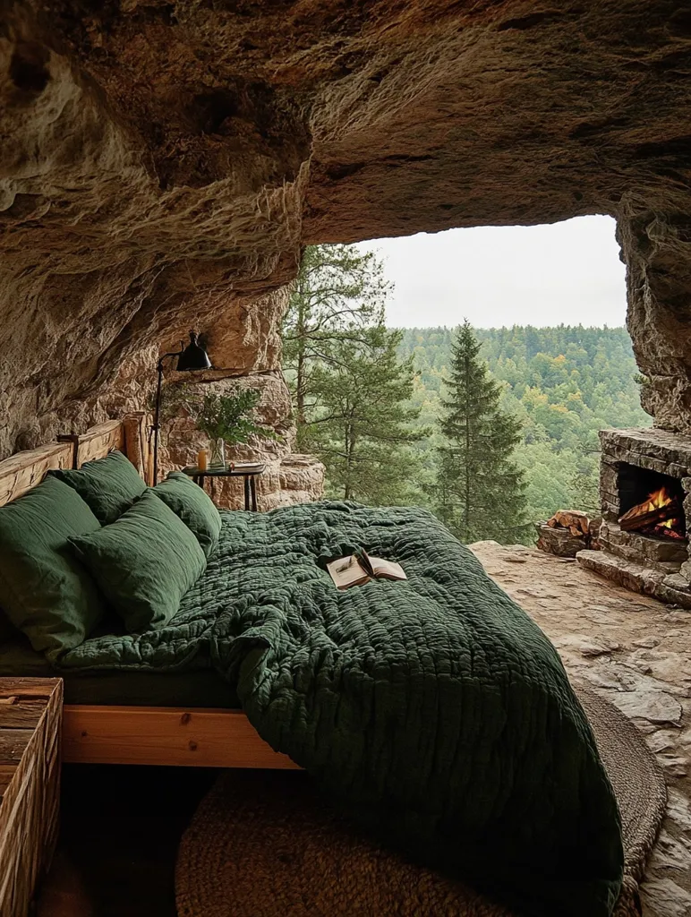 A cozy bed with emerald green bedding sits nestled within a natural cave, offering a breathtaking view of a forest landscape through a large opening. The natural light illuminates the bed, where a book rests on the duvet.  A fireplace with flickering flames adds warmth to the rustic setting. The wooden beams and stone walls create a sense of earthy comfort.