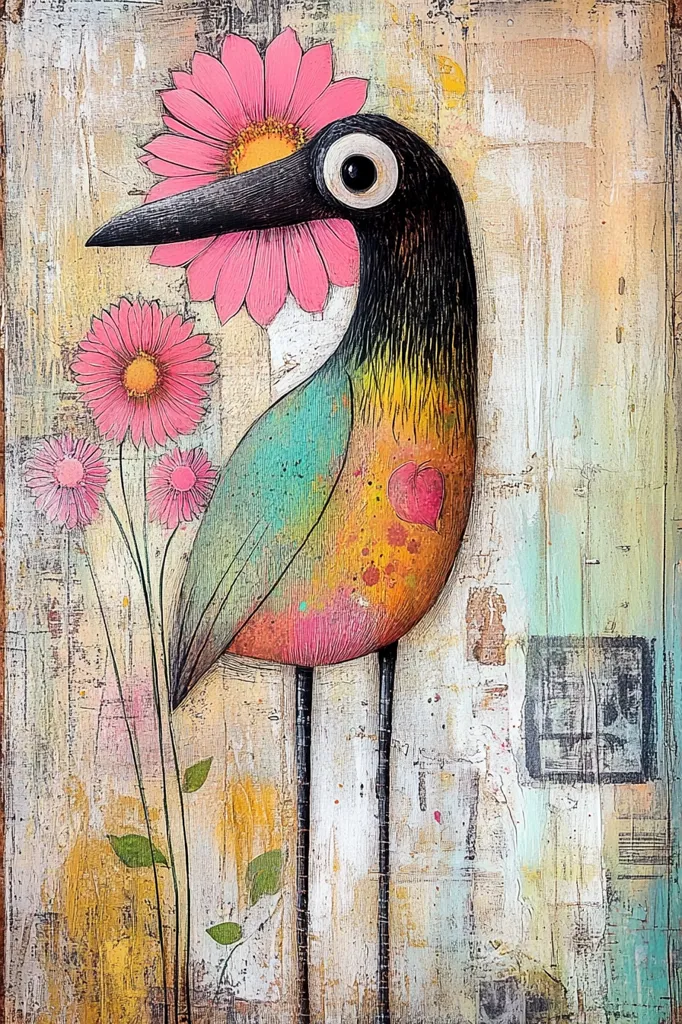The image depicts a stylized bird with a long beak and large, round eye. It is standing on long, slender legs and has colorful feathers in shades of turquoise, yellow, and pink. The bird is wearing a large pink flower as a hat. It stands in front of a textured background with a faded floral pattern. The bird's unique and whimsical features give it a playful and charming appearance.  The overall style of the artwork is whimsical and folk art inspired.