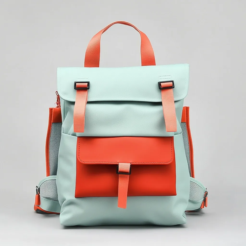 The image shows a light blue and orange backpack with a large, orange pocket on the front. The backpack has a top handle and two adjustable straps, and is made of a water-resistant material. The straps and pocket have black buckles. The backpack is sitting on a light grey background.  The backpack looks to be made of a durable fabric and is practical for everyday use.