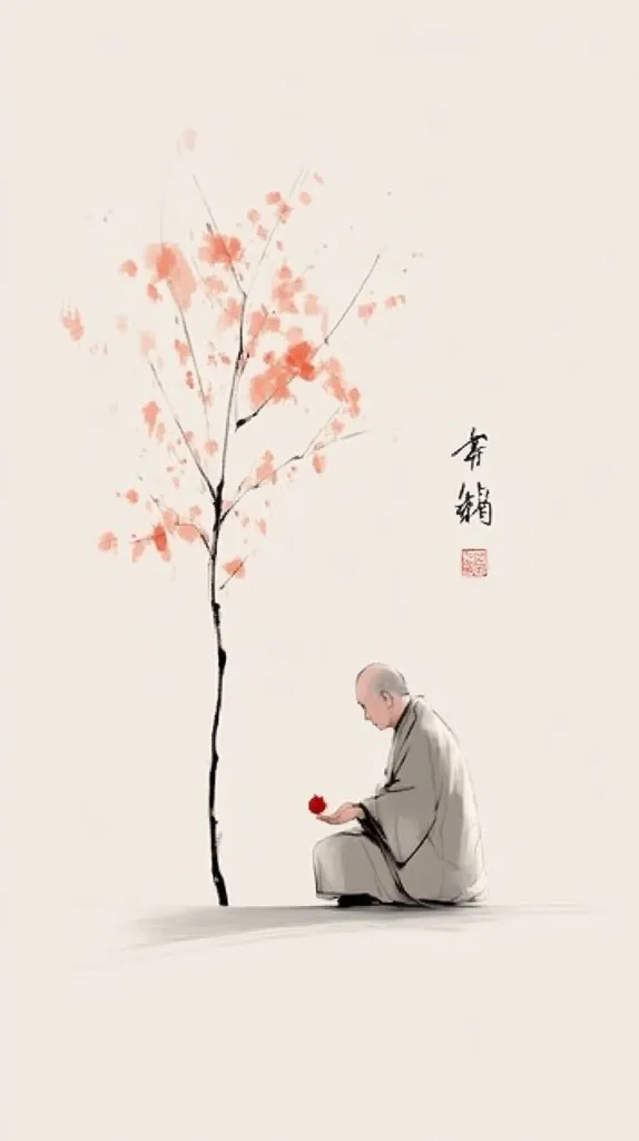 The image is a minimalist depiction of a man in traditional Japanese clothing seated under a delicate, sparsely-leaved tree. He holds a single red blossom in his hand, symbolizing the transience of beauty and the essence of Zen philosophy. The sparse background and loose brushstrokes evoke a serene and contemplative atmosphere.  The Chinese characters at the top of the image further emphasize the spiritual nature of the scene.