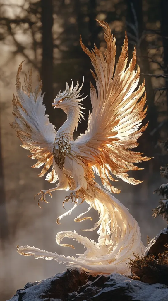 A majestic golden and white phoenix stands on a snowy rock, its wings spread wide, feathers shimmering with an ethereal glow. The creature’s piercing eyes and sharp talons suggest power, while its flowing tail feathers and graceful pose exude elegance. The background is a blurred, misty forest, creating a sense of mystery and wonder. The phoenix, a symbol of rebirth and hope, appears to be a guardian of this serene and magical landscape.