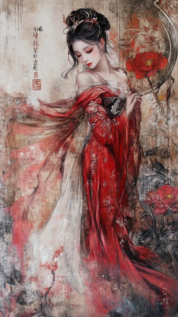 The image depicts a young woman dressed in a flowing red robe, with her hair elaborately styled and adorned with flowers. She appears to be standing in a garden, with flowers visible behind her. The artwork is done in a stylized, almost watercolor-like style, with a heavy emphasis on texture and muted colors. The image evokes a sense of elegance, mystery, and possibly even melancholy.