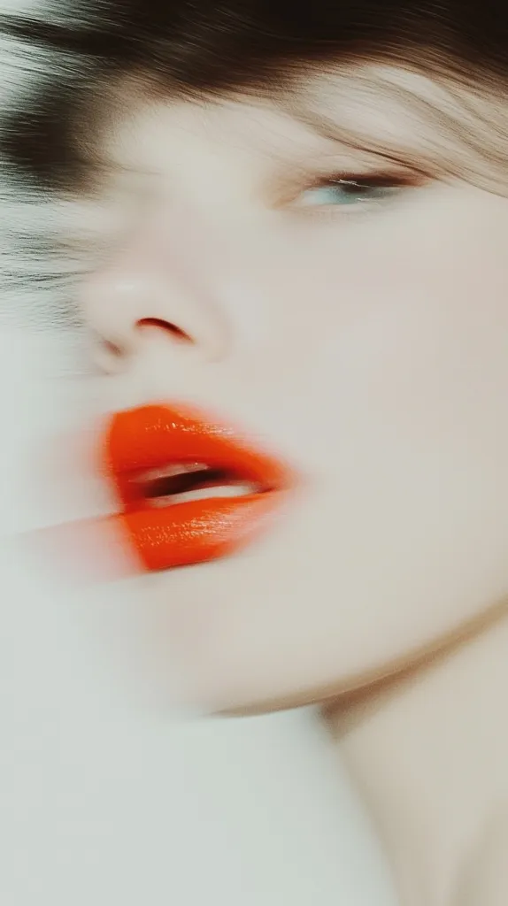 The image is a close-up portrait of a woman's face. Her hair is blurred and flowing, creating a dreamy effect. Her skin is flawless, and her lips are painted a bright, bold orange. The focus is on the lips, which are slightly parted, revealing a glimpse of her teeth. The lighting is soft and ethereal, highlighting the woman's delicate features. The overall mood is sensual and alluring.