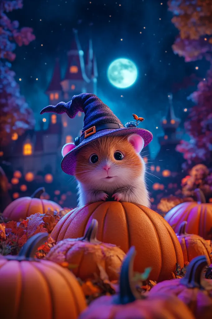 A cute hamster wearing a witch's hat sits on a large pumpkin, surrounded by other pumpkins. A full moon shines in the night sky, behind a castle silhouetted against the starry sky. The scene is bathed in warm, inviting light, perfect for a whimsical Halloween night.  The hamster's big eyes and sweet expression convey a sense of wonder and delight.  The image is both charming and magical.