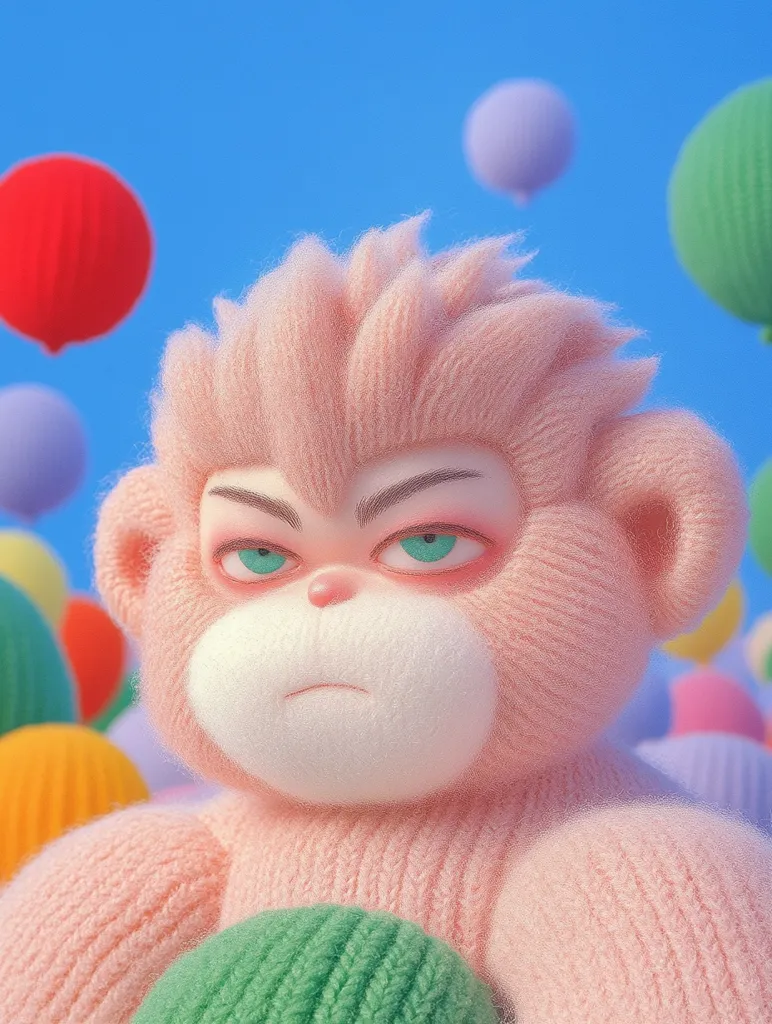 A plush pink monkey with green eyes and a serious expression sits against a blurred background of colorful balloons and fuzzy objects. Its fur is textured and detailed, creating a soft and playful look. The monkey holds a green ball, adding to the whimsical aesthetic.  The overall image evokes a sense of childlike wonder and charm.