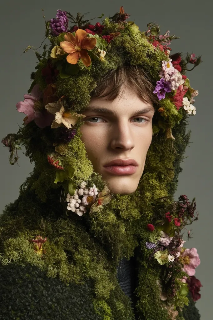 A man is wearing a green moss and flower headpiece that covers his entire head and shoulders. The flowers are mostly pink, purple, and orange. His face is framed by the mossy foliage, revealing clear blue eyes and a neutral expression. The man's skin is pale and smooth, and his lips are slightly parted. The overall effect is one of ethereal beauty and natural elegance.