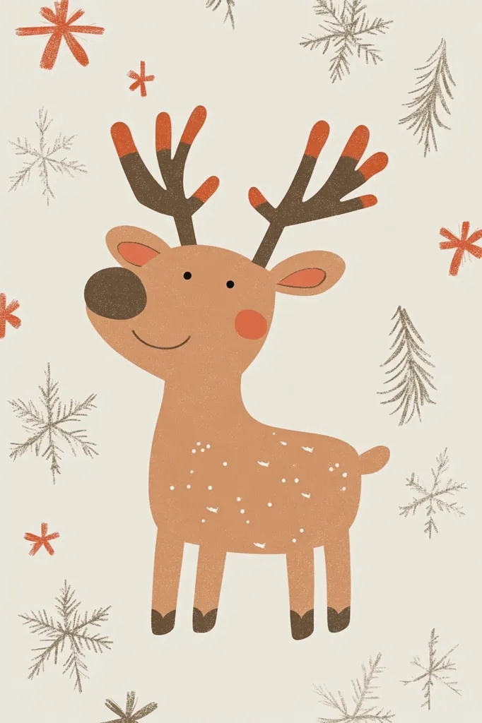 The image features a cartoon reindeer with large, brown antlers and a brown body with white spots. It has a smiling face with black eyes, a brown nose and pink cheeks. The reindeer is standing on a light beige background surrounded by silver snowflakes and fir trees.  The image has a simple, child-like style, reminiscent of a Christmas card.
