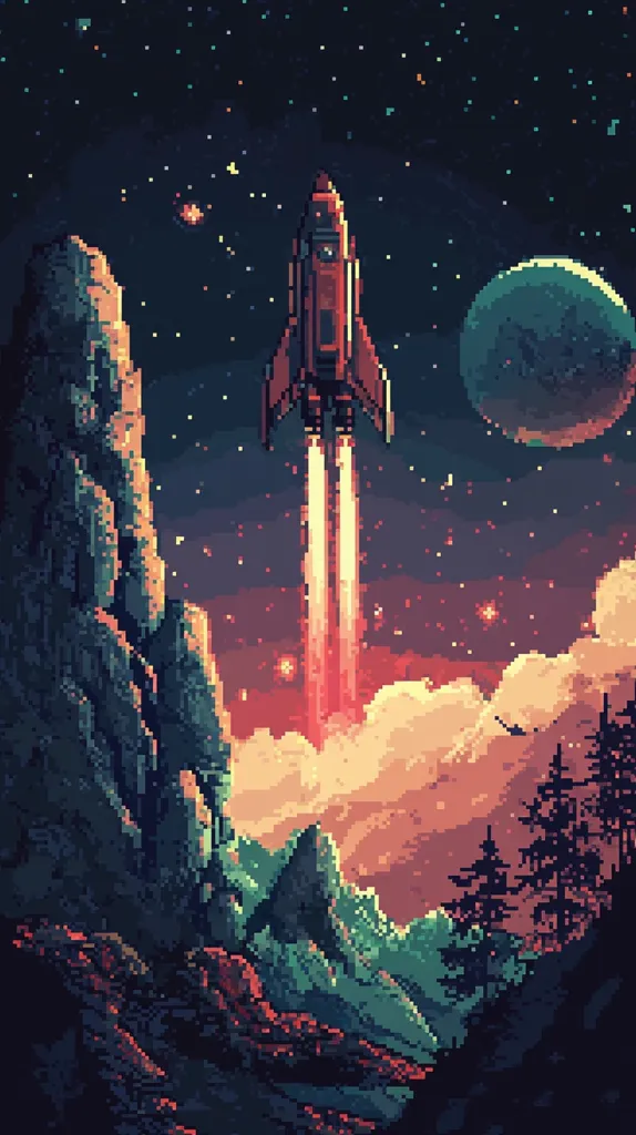 A pixelated image depicts a red rocket ship blasting off into space. The ship leaves two glowing trails of light behind it. The background shows a night sky with stars and a large, partially visible planet. In the foreground, large rocky mountains appear in silhouette, as well as a few trees. The scene is set in a surreal and dreamlike environment.