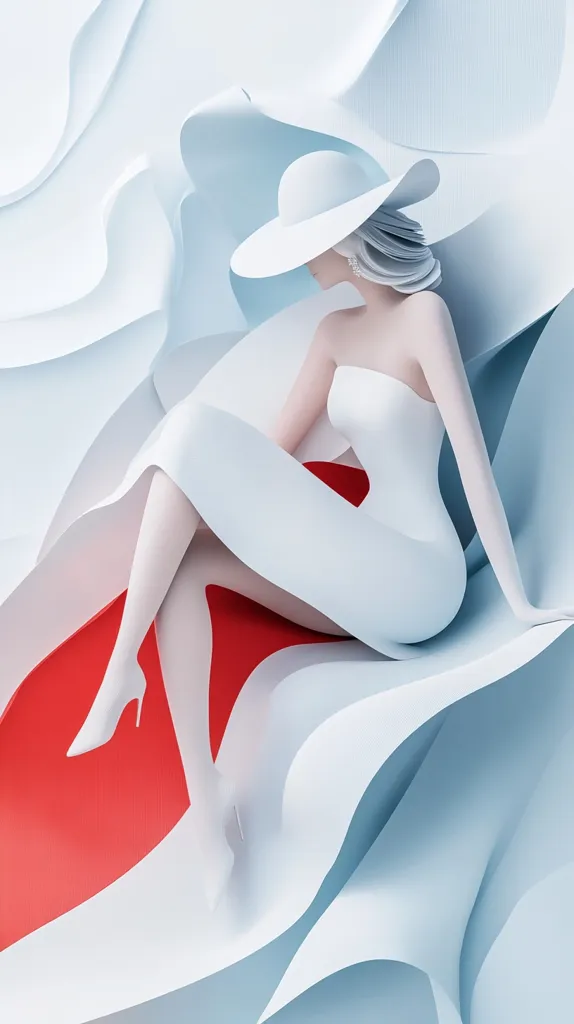 A woman wearing a white dress and hat sits on a wave of white fabric.  The fabric is arranged in a series of cascading folds, creating a dynamic and abstract background.  A splash of red peeks through the folds, adding a pop of color to the otherwise monochromatic scene. The image is stylized and evokes a sense of elegance and femininity.