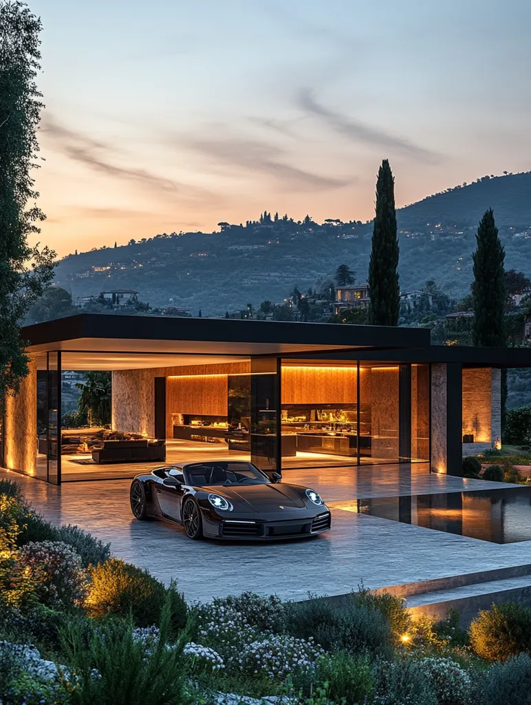 A black Porsche sports car sits in the driveway of a modern, minimalist home with large windows. The home is open to the elements, showcasing a sleek interior with a focus on natural light. The background features a picturesque landscape of rolling hills and a distant town, with a calming twilight sky overhead. The overall image conveys a sense of luxury, sophistication, and tranquility.