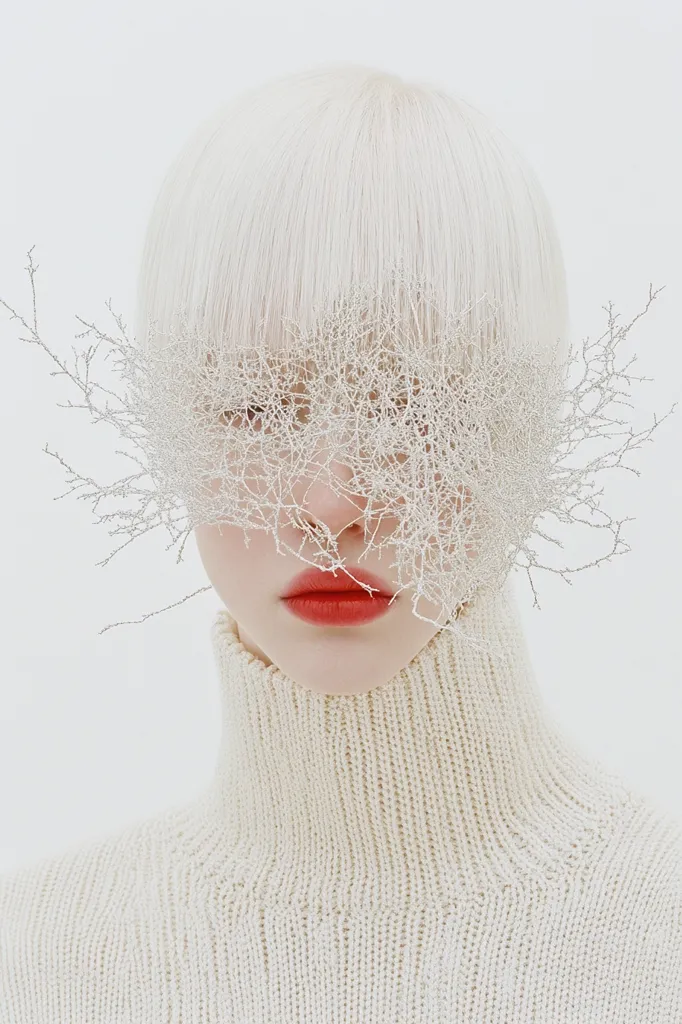 A woman with short platinum blonde hair wears a white turtleneck sweater. A delicate silver-colored, web-like structure covers her face, obscuring her eyes, but leaving her lips visible and painted a bright red. The image has a stark, minimalist aesthetic, with the white background and simple outfit drawing attention to the intricate facial accessory. The overall effect is one of  mysterious beauty.