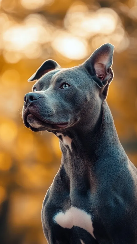 A grey and white pit bull terrier stands in a field with a blurred out background of warm orange and yellow. The dog is looking up and to the right, with one ear perked up. The dog has a serious and alert expression. Its coat is sleek and muscular, and its eyes are a deep blue. The photo is taken from a low angle, emphasizing the dog's size and strength.