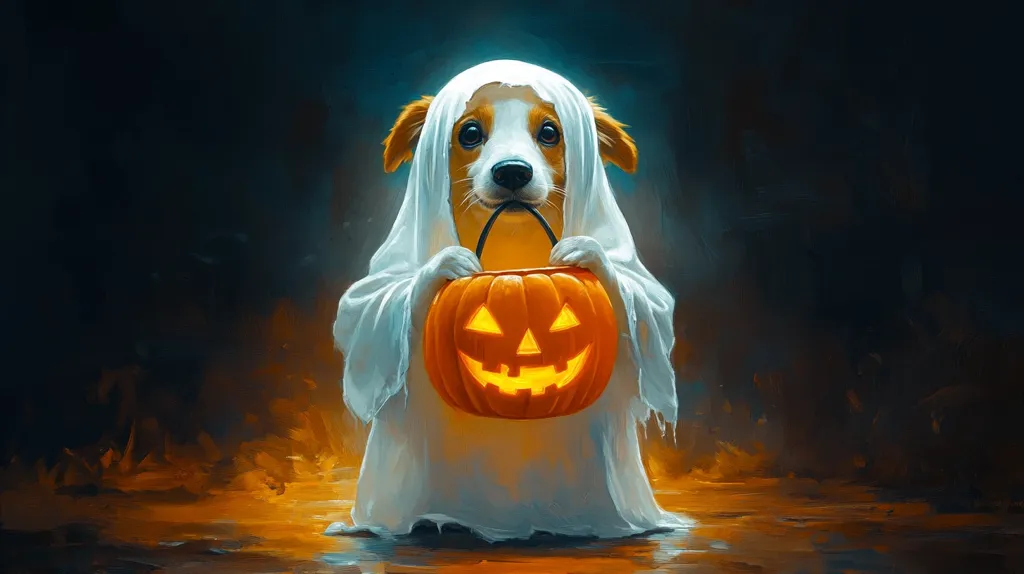 A dog dressed as a ghost is holding a jack-o-lantern. The dog has brown and white fur, and its head is covered in a white sheet. The jack-o-lantern is lit from the inside, and it has a carved face with a wide grin. The background is dark, with hints of orange and blue. The dog is standing on a brown surface, and it looks like it's about to go trick-or-treating.