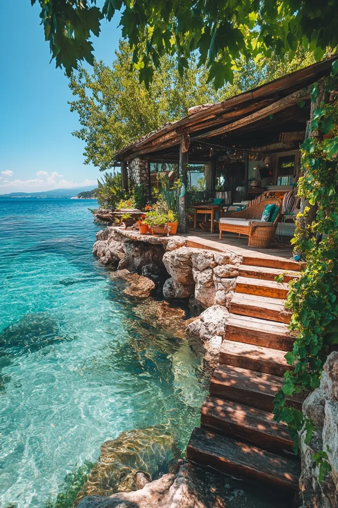 A wooden cabin with a porch and wicker furniture sits on the edge of a clear blue sea.  The water laps against the rocky shore, and a set of wooden steps lead down to the water's edge.  The lush green foliage creates a tropical oasis.  The clear water and the beautiful scenery create a relaxing and inviting atmosphere.