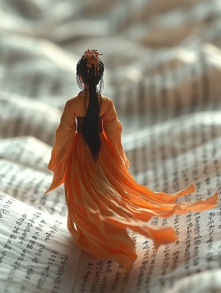 A doll dressed in a flowing orange gown stands on an open book with pages covered in black ink.  The doll has long black hair and a floral headpiece.  The doll's back is to the viewer, she is looking towards a blurred background.  The soft lighting creates a warm and ethereal atmosphere.
