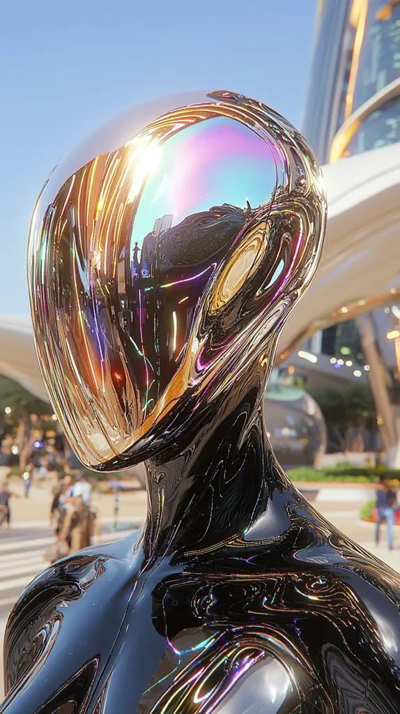 A close-up shot of a futuristic, humanoid sculpture with a smooth, black, and iridescent surface. The head is shaped like a bubble, reflecting the surrounding cityscape and sky in a distorted, kaleidoscopic pattern. The sculpture's sleek, organic form suggests a blend of technology and art.  A blurry background features people and buildings, adding a sense of scale and context to the piece.