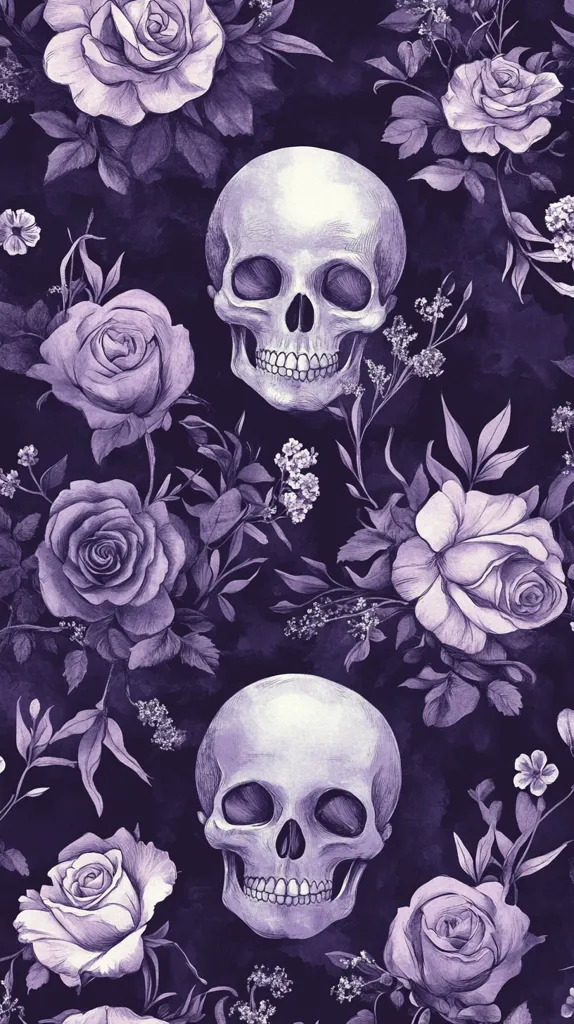 The image is a dark, gothic pattern featuring two white skulls with black eye sockets and teeth, surrounded by purple roses, leaves, and delicate flowers. The background is a deep purple, creating a mysterious and ethereal ambiance. The artwork is intricately detailed, capturing the essence of death and beauty in a captivating and elegant way.