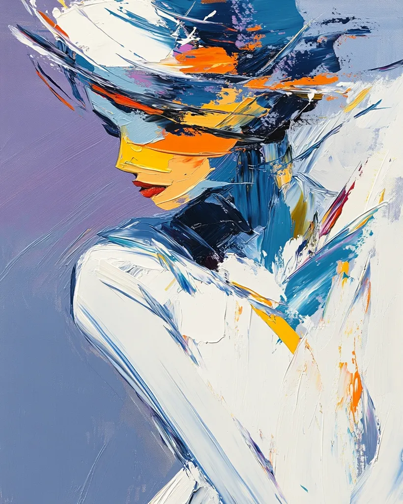 The painting is an abstract portrait of a woman with her head tilted down. The artist uses bold strokes of blue, white, orange, and yellow to depict the woman's hair, skin, and clothing. The background is a soft lavender hue, creating a sense of mystery and intrigue. The overall effect is a dynamic and expressive depiction of femininity.