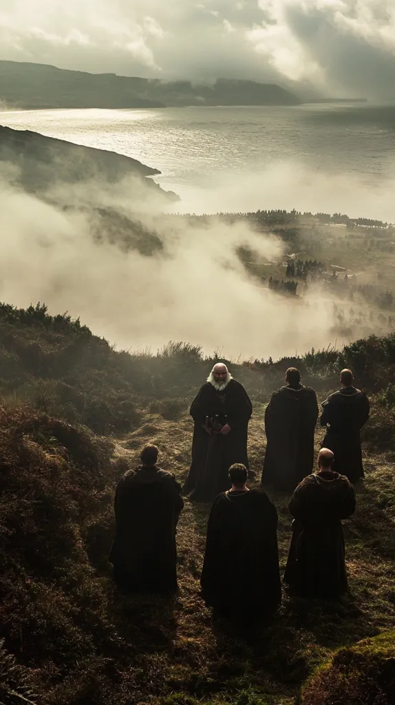 A group of men in dark robes stand on a grassy hillside overlooking a misty valley.  The sky is overcast, with soft sunlight breaking through the clouds. The men appear to be in deep contemplation as they gaze out at the distant horizon.  The landscape is serene and peaceful, creating an atmosphere of mystery and intrigue.