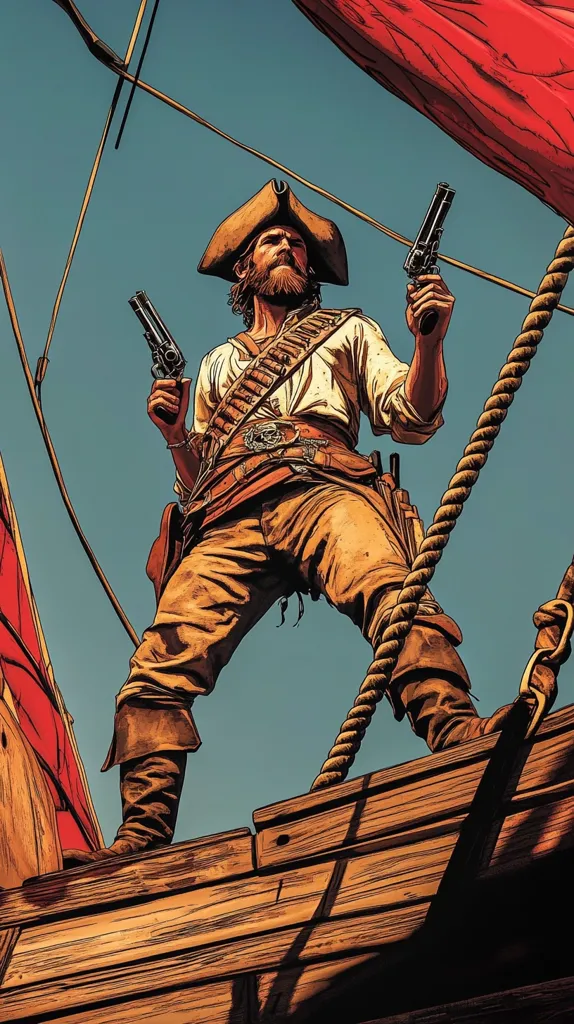 The image depicts a rugged pirate, clad in a white shirt and brown pants, standing on a wooden deck. He wears a wide-brimmed hat and holds two pistols, one in each hand, with a determined look on his face. His attire and weaponry suggest a hardened and experienced seafarer. The background features a partially visible red sail and a blue sky, creating a dramatic contrast with the pirate’s silhouette. The overall tone of the image is one of action and adventure, showcasing the pirate’s readiness for a fight.