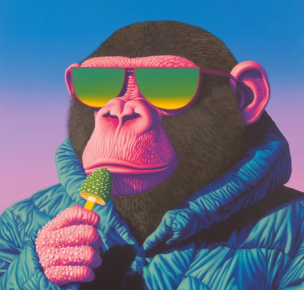 A chimpanzee, with a pink face and black fur, is wearing bright green and yellow sunglasses and a blue puffy jacket. The chimpanzee is holding a green, white, and yellow mushroom-like object in its hand. The background is a faded purple and blue gradient. The image is drawn in a hyper-realistic style.  The vibrant colors and the monkey's sunglasses add a whimsical and playful tone to the piece.