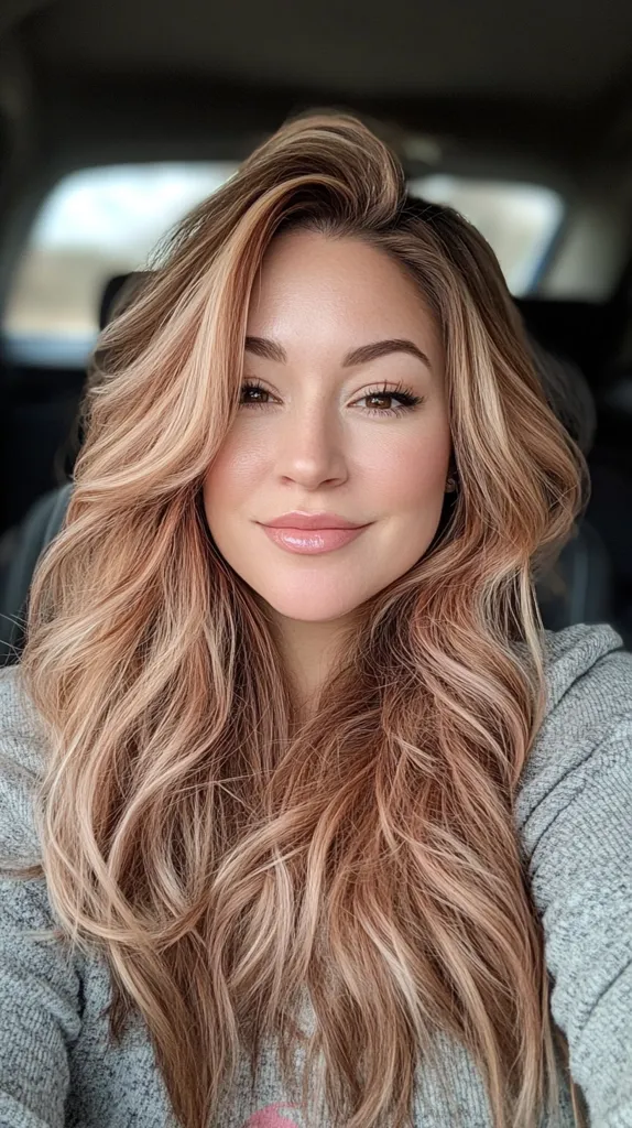 A young woman with long, wavy, light brown hair with blonde highlights is looking at the camera and smiling. She is wearing a grey sweater and has a soft, natural look with minimal makeup. The background is blurry and appears to be inside a car.  Her hair is styled in a way that creates volume and movement.  The image is warm and inviting.