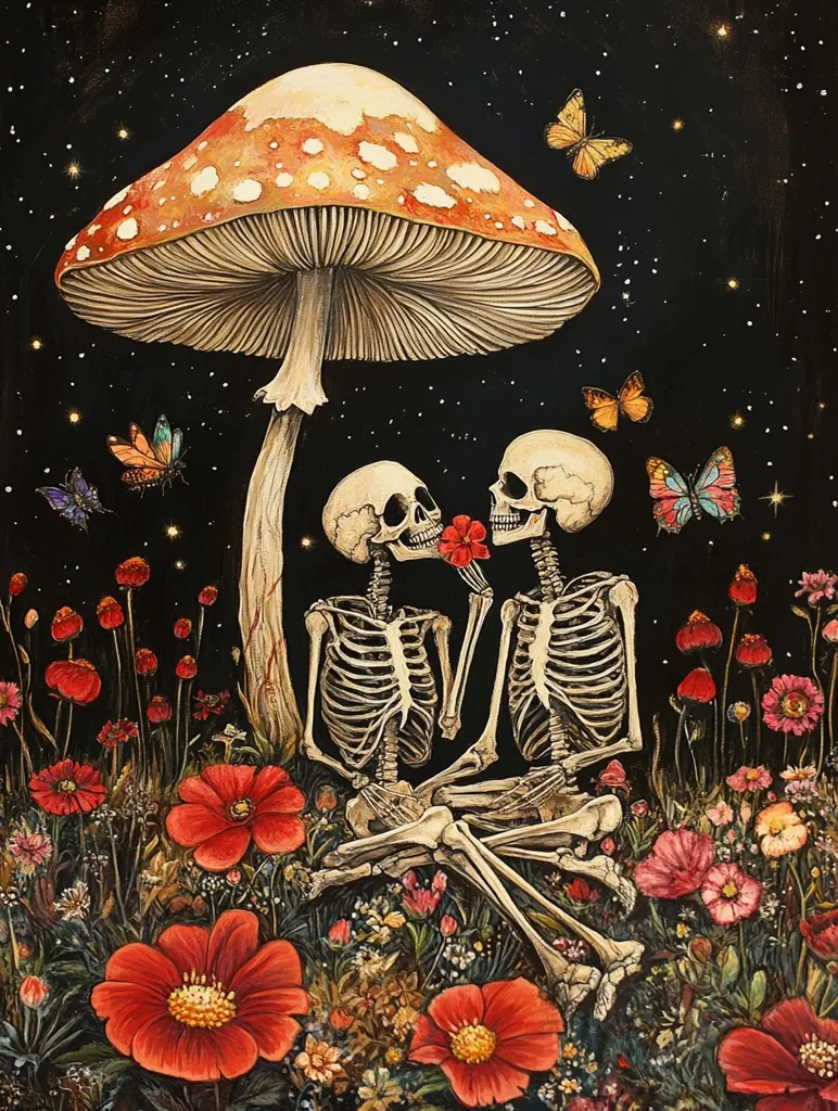 Two skeletal figures sit under a large mushroom, nestled in a field of vibrant red flowers. The mushroom is brown and orange with white spots. The figures are holding a red flower between them.  The background is a dark sky with stars and butterflies flitting about. The overall atmosphere is whimsical and romantic.