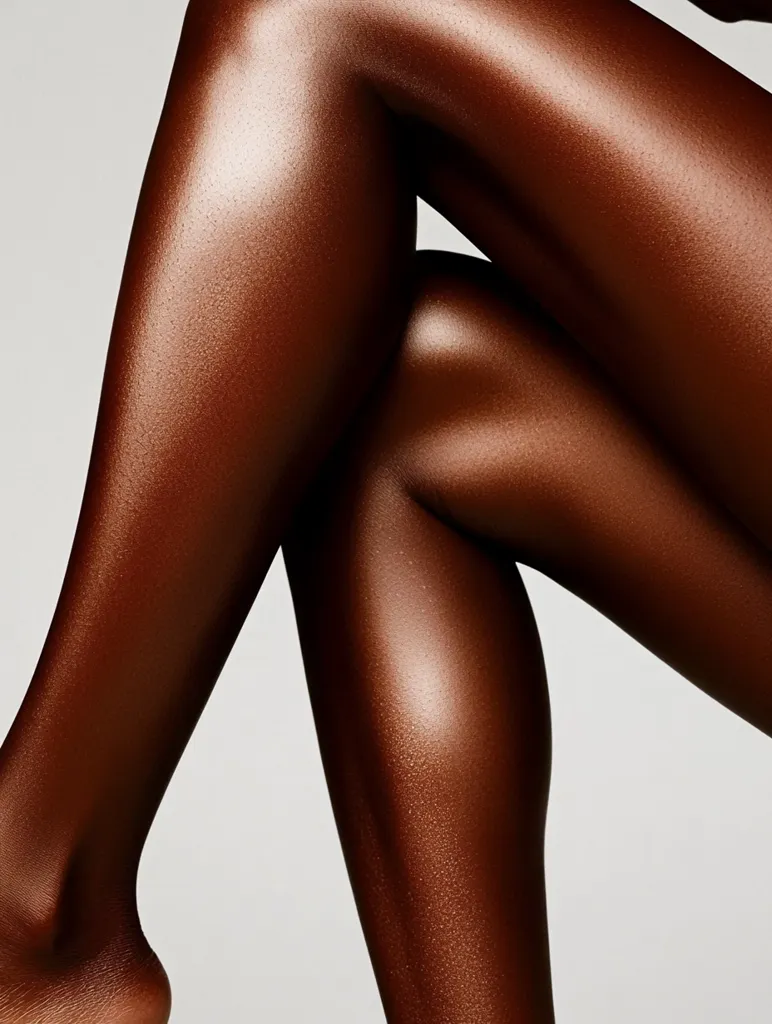 The image shows a close-up of a person's legs, showcasing the smooth, bronzed skin. The light catches the sheen of the skin, highlighting its texture. The legs are positioned in a relaxed pose, with one leg crossed over the other.  The focus is on the beauty of the skin and its natural glow.