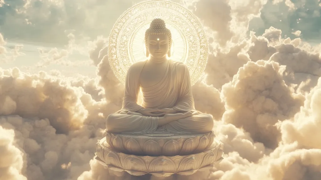A serene depiction of Buddha seated in meditation amidst a heavenly landscape of fluffy white clouds. Bathed in soft golden light, he exudes tranquility, with his eyes closed and hands resting in his lap. A radiant halo surrounds his head, symbolizing enlightenment and inner peace. The image conveys a sense of spiritual awakening and the pursuit of inner harmony.