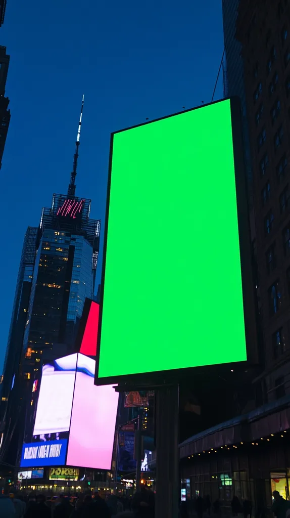 A large, green screen billboard dominates the cityscape, with a tall building illuminated with pink and blue lights in the background. The night sky is dark, with a few lights scattered around the buildings.  A glimpse of a crowd can be seen in the foreground, highlighting the vibrant urban scene. The billboard stands out against the city's dark backdrop, ready for a captivating display.