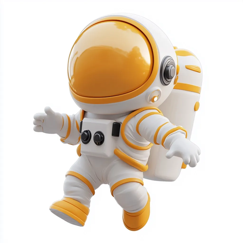 A cartoon astronaut with a large yellow helmet and white space suit is floating in space with his arms outstretched. His suit has yellow trim and black buttons. His space suit has a small jetpack on his back. The astronaut is looking to the right of the image. The background is white.