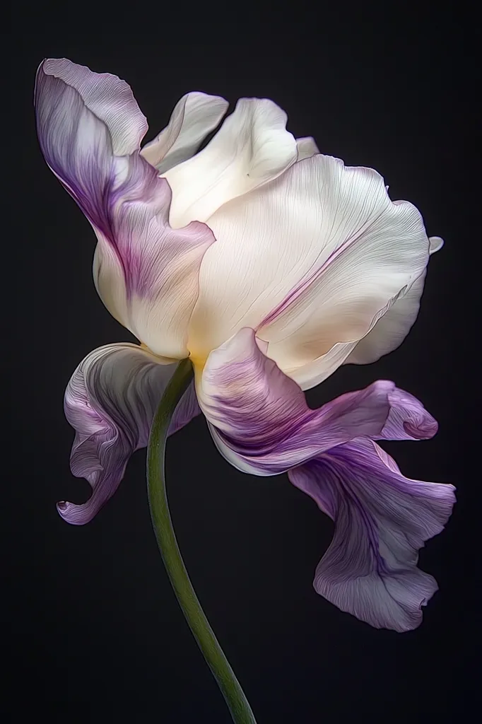 A single flower, possibly a tulip, with delicate, white petals edged with purple. The flower is curved, with its stem reaching out in a graceful arc against a dark background. The image captures the intricate detail of the petals, highlighting the soft texture and subtle color variations.