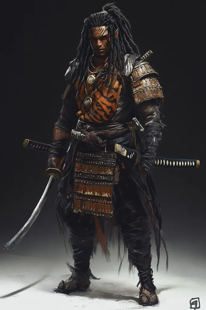 A dark-skinned warrior with long dreadlocks stands in a dimly lit room. He wears black clothing with a tiger-striped sash and a samurai-style armor over his chest. He holds a katana in one hand and a wakizashi in the other, a stern expression on his face. The warrior seems to be in a state of readiness, with a slight forward lean and his eyes focused on something unseen. He is a figure of power and determination, a formidable warrior ready for battle.