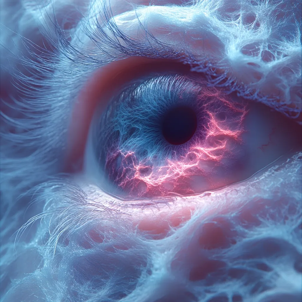 A close-up of a human eye, with intricate blue and pink veins running through the iris and the surrounding skin. The eyelashes are long and dark, adding to the dramatic effect. The image has a surreal and ethereal quality.