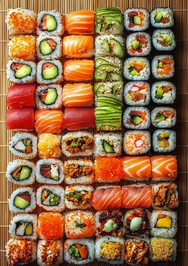 A colorful assortment of sushi rolls arranged in a grid on a bamboo mat. There are various fillings including cucumber, avocado, salmon, crab, and shrimp, creating a delicious and visually appealing spread. The sushi is arranged in rows, with different colors and textures creating a pleasing contrast.