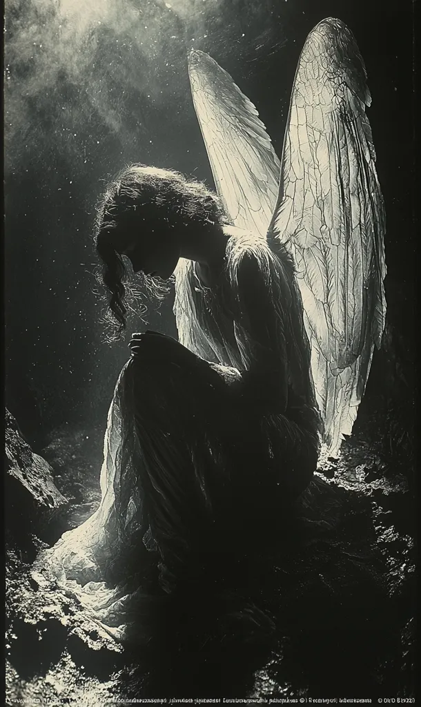 A black and white image of a woman with large, feathery angel wings. She is sitting in a dark, rocky cave, with her head bowed and her wings spread out behind her. Her face is obscured by shadows, and the only light source is a faint glow coming from the top of the image. The image is full of mystery and sorrow, with the woman appearing to be in deep contemplation.
