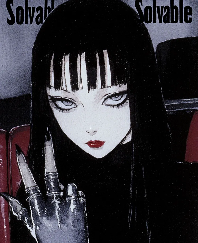 The image is a close-up portrait of a woman with long black hair, dressed in black clothing. Her expression is serious, with her lips painted a bright red. She has a large, silver ring on her finger and dark eye makeup. The image has a dark and gothic aesthetic. The word "Solvable" is written in the top right corner.