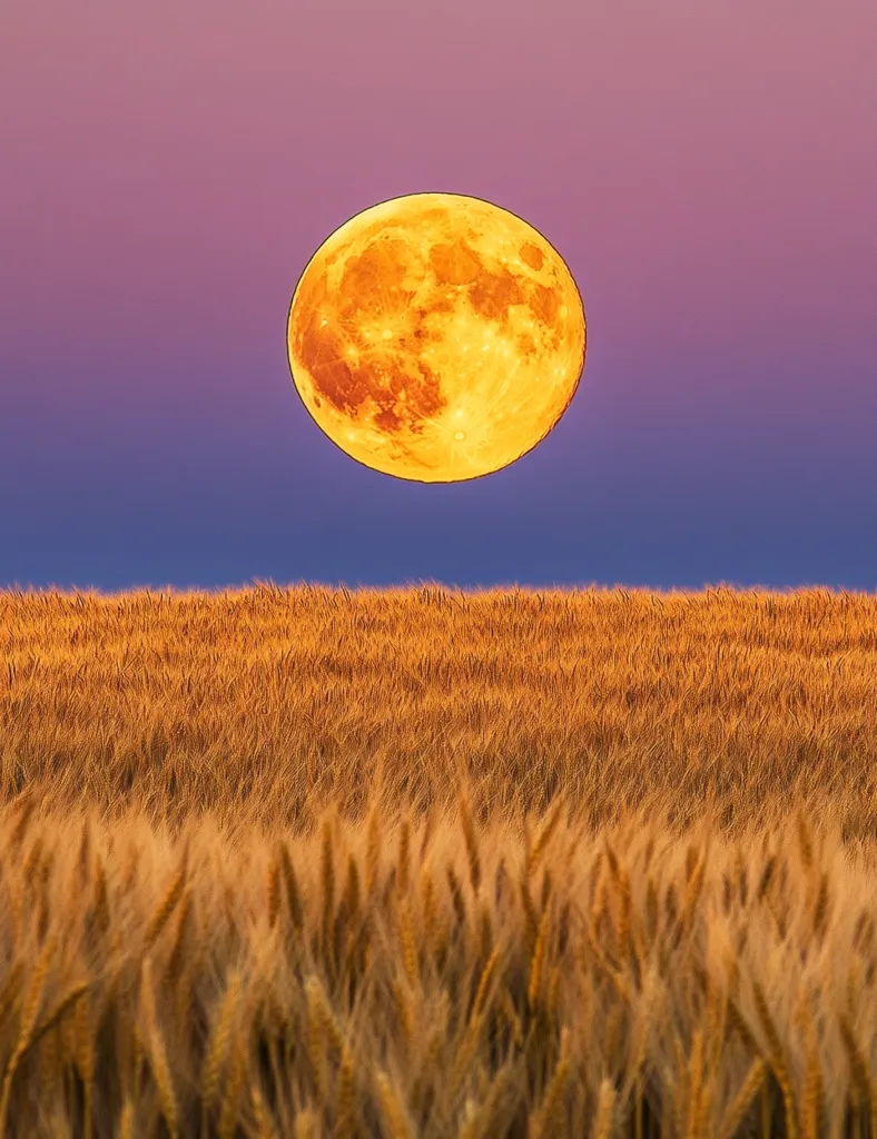 A large, glowing full moon hangs in a purple sky above a field of golden wheat.  The sun has set, leaving the sky in shades of pink and blue, with the moon shining brightly. The wheat is tall and lush, creating a beautiful contrast against the sky.  The scene evokes a sense of peace and tranquility.