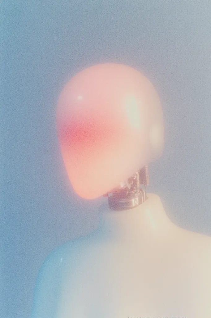 The image shows a mannequin head in a hazy, pastel pink and blue light. The head is smooth and featureless, with a soft, blurry focus. The background is a pale blue, creating a dreamy and ethereal atmosphere. The overall effect is one of  abstraction and surrealism.