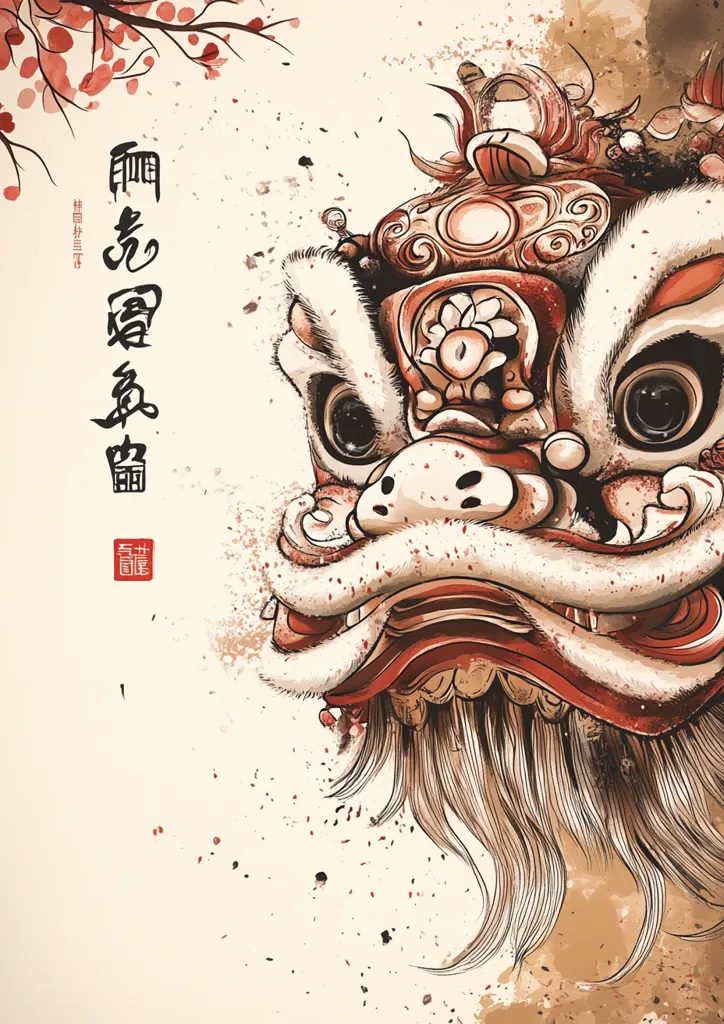 The image depicts a lion dance costume, with intricate details and bold colors. The lion's face is drawn with a fierce expression, emphasizing its powerful nature. Its mane and beard are depicted with fine, detailed lines, creating a sense of movement and life. The background is a light beige with splashes of red, reminiscent of traditional Chinese ink and wash painting. The image's composition, colors, and details create a dynamic and celebratory atmosphere, highlighting the vibrant cultural tradition of lion dancing.