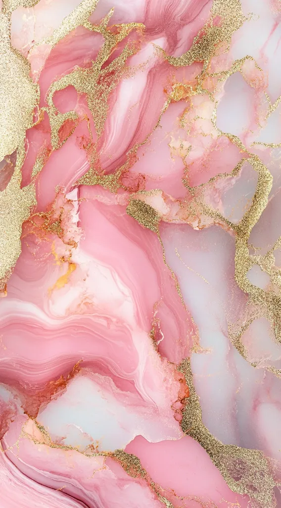 The image is an abstract marbled background with a pink and gold color scheme. The pink color is like a blush with some white and the gold looks like glitter. The colors swirl and mix together in an artistic fashion. The image has a soft, delicate, and luxurious feel to it.  It is a beautiful and eye-catching image.