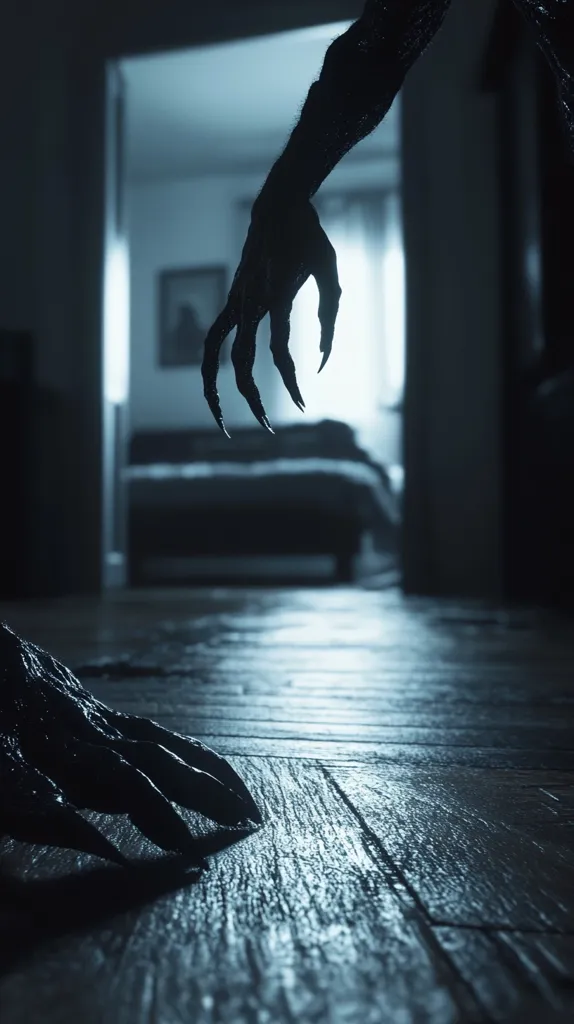 A shadowy, clawed hand reaches out from the darkness, its long fingers outstretched. The hand is silhouetted against a blurry background of a bedroom with a bed and a window. The room is dimly lit, casting long shadows and creating a sense of mystery and suspense. The image evokes a feeling of fear and anticipation, as if something sinister is lurking in the shadows.