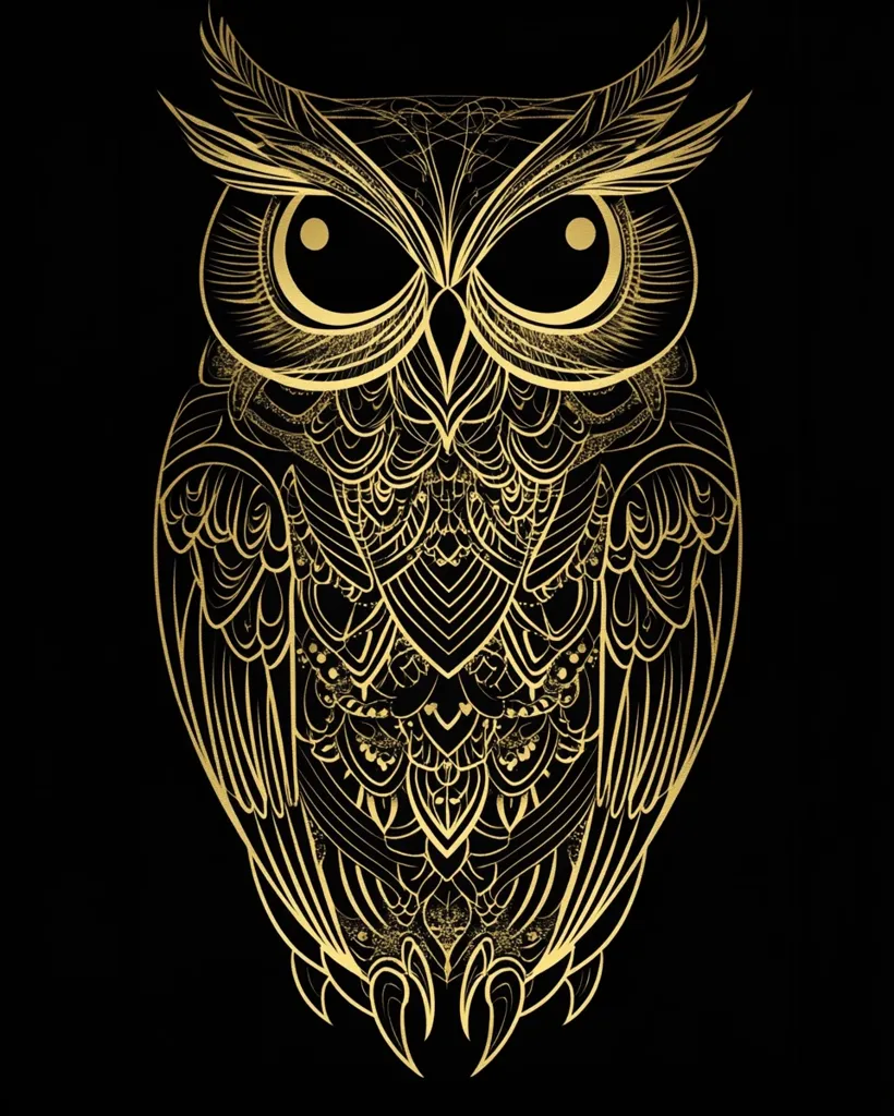 A golden owl is depicted in a detailed, intricate design against a black background. The owl's feathers are adorned with elaborate patterns and swirls, creating a sense of elegance and mystique. Its large, round eyes are prominent, adding to the owl's wise and watchful presence. The overall design evokes a sense of ancient wisdom and power.