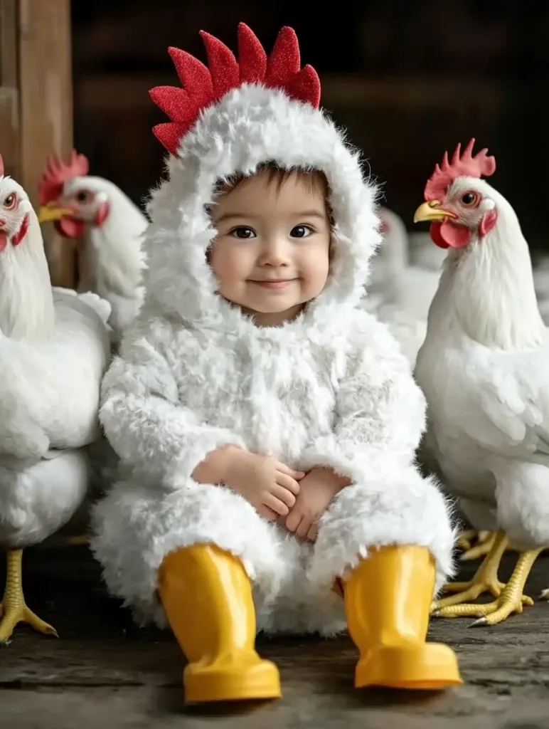 A baby is dressed in a fluffy white chicken costume, with yellow rain boots on their feet. They are sitting on a wooden floor, surrounded by chickens. The baby is looking at the camera with a sweet expression, and the chickens are looking at the baby curiously. The image captures the innocence of childhood and the connection between humans and animals.