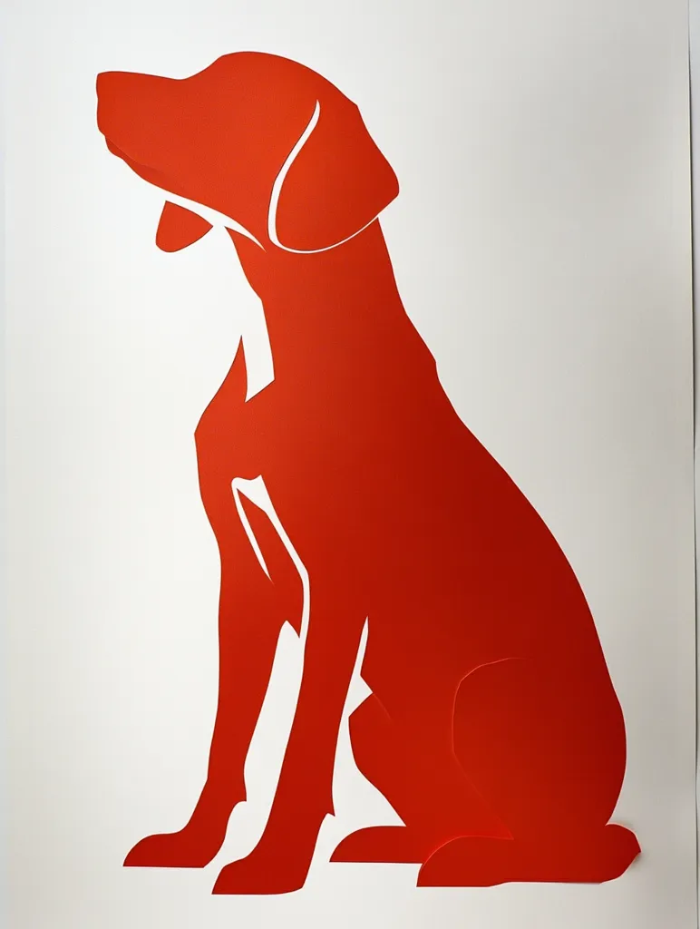 The image shows a red silhouette of a dog sitting in a profile view. The dog is facing the right side of the image and has its head tilted upwards. The silhouette is cut out of paper and placed on a white background. The dog's ears are floppy and its tail is curled slightly.  The silhouette is simple but detailed, capturing the dog's form. The bright red color stands out against the white background, creating a striking visual.