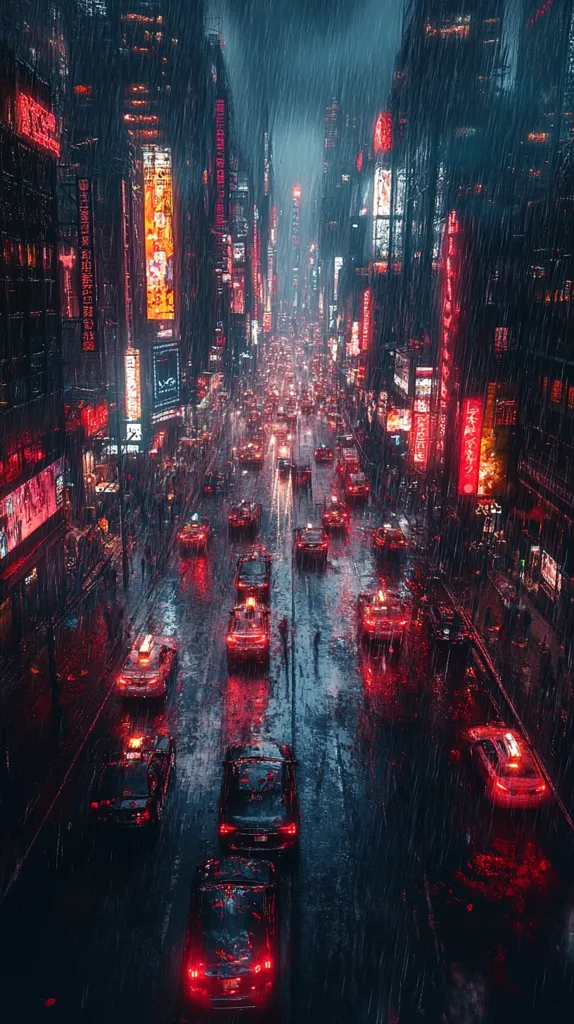 A rainy night in a bustling city. Tall buildings line the street, their windows glowing with warm light. Cars move slowly through the downpour, their taillights reflecting off the wet pavement. The air is thick with mist, and the street is illuminated by the city's neon signs. The scene is both beautiful and chaotic. The city's energy is palpable, even in the rain.