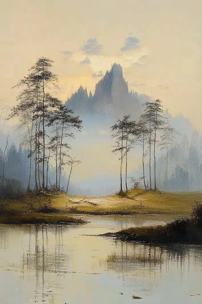 The painting depicts a serene landscape with a calm lake reflecting the sky and a distant mountain range. The foreground features a group of trees bordering the lake, while the background showcases a misty, ethereal mountain landscape. The overall composition evokes a sense of tranquility and serenity, capturing the beauty of nature's simplicity.